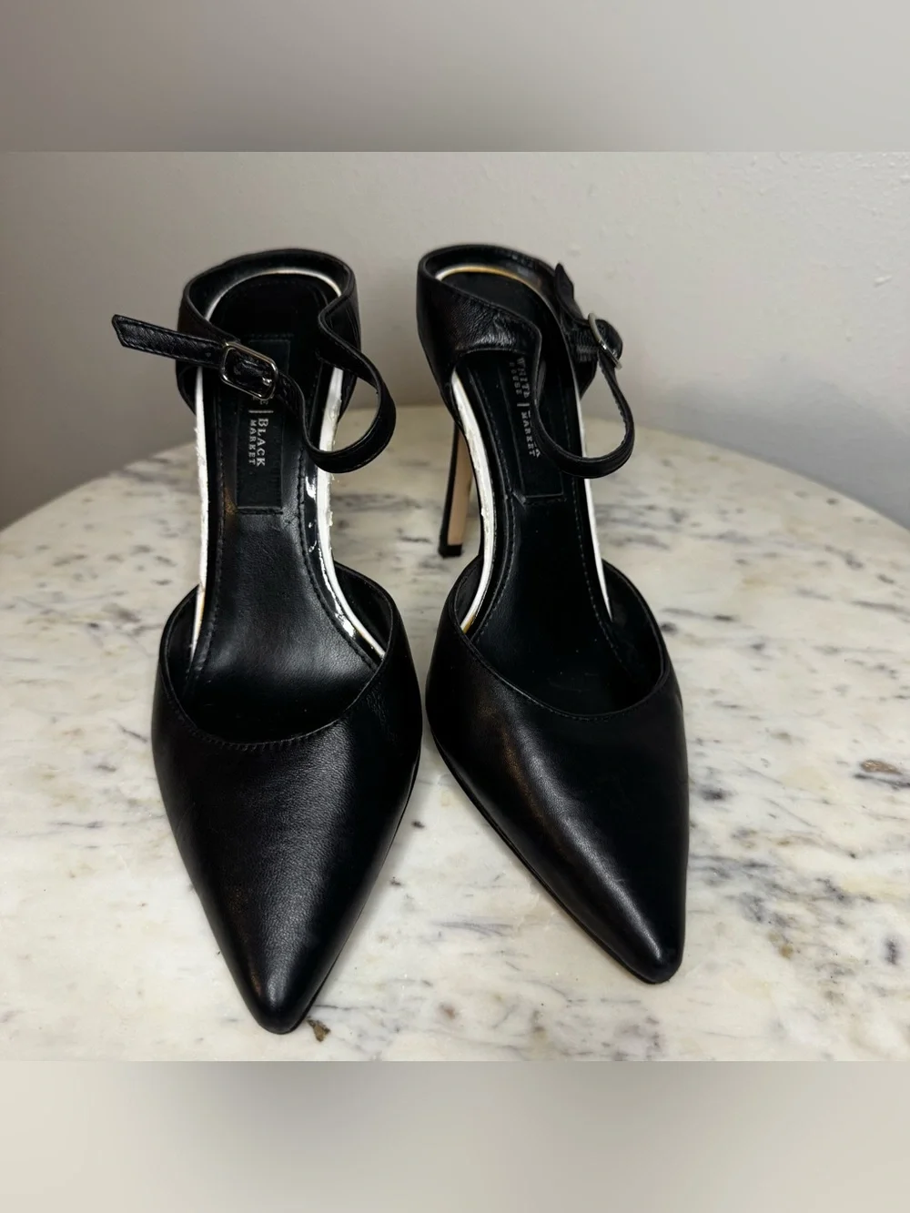 White House Black Market Catalia Heels Size 5 Leather Shoes Black white